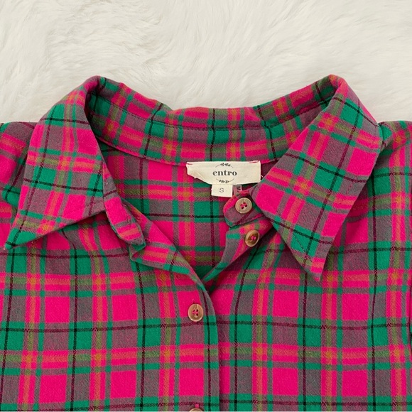 Entro Vibrant Puff Sleeve Hot Pink & Green Oversized Plaid Cotton Top - Picture 13 of 15
